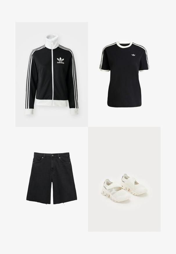 Mustapaitainen vetoketjullinen takki, jossa on korkea kaulus, valkoinen Adidas-logo ja kolme valkoista raitaa hihoissa, valmistettu sileästä ja hengittävästä kankaasta.; Mustat puuvillapaidat, joissa on valkoiset yksityiskohdat kauluksessa ja hihoissa, jossa on kolme valkoista raitaa kummallakin olkapäällä ja pieni logo rintataskussa.; Mustat farkkushortsit rentoa mittaa, joissa on nappikiinnitys, viisi taskua ja hiertyneet reunat. Sileä pinta ilman näkyviä kuvioita.; Valkeat verkkomaiset urheilukengät, joissa on nauhakiristyksellä suljettava malli, pehmustettu nilkatuki ja erottuva kaareva pohjamuotoilu, joka sisältää onttoja osia.