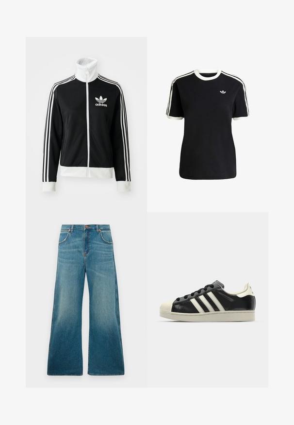 Černá zipová bunda s vysokým límcem, bílým logem Adidas a třemi bílými pruhy po rukávech, vyrobená z hladké, prodyšné tkaniny.; Černé bavlněné tričko s bílými akcenty na límci a rukávech, které má tři bílé pruhy na každém rameni a malé logo na hrudi.; Džínové kalhoty s vysokým pasem v modré barvě, široké nohavice, přední kapsy, zapínání na knoflík a s blednoucím barevným přechodem od pasu k lemu.; Černé kožené sneakers s bílými pruhy, gumovou špičkou, černými tkaničkami a krémovou podešví. Hladký povrch s lesklým finišem.
