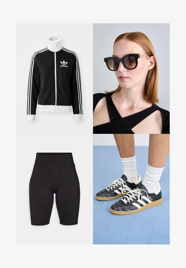 Mustapaitainen vetoketjullinen takki, jossa on korkea kaulus, valkoinen Adidas-logo ja kolme valkoista raitaa hihoissa, valmistettu sileästä ja hengittävästä kankaasta.; Musta puuvillainen lyhythihainen t-paita pyöreällä kauluksella, jossa on valkoiset raidat olkapäillä ja pieni valkoinen Adidas-logo rinnassa.; Mustat pyöräilyshortsit joustavasta kankaasta. Korkea vyötärö, sileä pinta, polvenpituus ja saumat edessä ja takana rakenteen tueksi.; Mustat nahkasneakerit valkoisilla raidoilla, pyöreä kärki, valkoiset nauhat ja kumipohja. Korostaa pehmustettua kaulusta ja brändäysohjeita.; Nainen, jolla on suorat punaiset hiukset ja isot mustat aurinkolasit kultaisilla varsilla, mustassa aukotussa topissa yksinkertaista taustaa vasten.