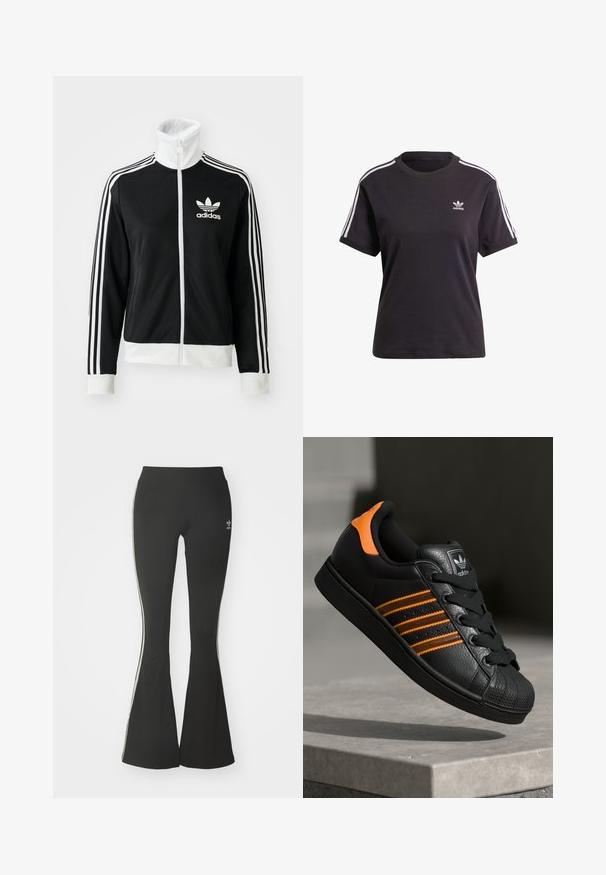 Svart glidelåsjakke med høy krage, hvit Adidas-logo og tre hvite striper nedover ermene, laget av glatt, pustende stoff.; Svart bomull T-skjorte med kort erme og rund hals, med hvite striper på skuldrene og en liten hvit Adidas-logo på brystet.; Svarte flare leggings laget av stretchstoff, med høy midje og hvite sidelister. Inkluderer liten logo på midjen.; Svart sneaker med oransje detaljer, tre horisontale striper, teksturert skinnoverdel, gummitå, og svarte lisser.