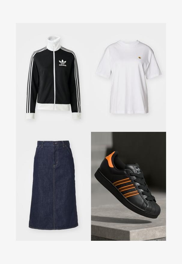 Must-sinine tõmblukuga jakk kõrge kaelusega, valge Adidas'i logo ja kolm valget triipu varrukatel, valmistatud siledast ja hingavast kangast.; Valge puuvillane T-särk, millel on lõdva lõikega, lühikesed varrukad ja väike broderi logo vasakul rinnakarpi.; Tume denim.seelik kõrge vöökoha, sirge lõike, esikottide ja õmmeldud õmblustega. Vöökoht on varustatud luku ja nööbiga.; Mustad mustad mustad oranzhides üksikasjad, kolm horisontaalset triipu, tekstureeritud nahk pealisosa, kummist varbaosa ja mustad paelad.