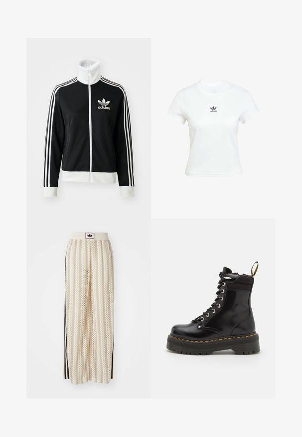 Čierna zipsová bunda s vysokým golierom, bielym logom Adidas a tromi bielymi pruhmi na rukávoch, vyrobená z hladkej, priedušnej tkaniny.; Biela bavlnená tričko s krátkymi rukávmi a okrúhlym výstrihom. Na hrudi je vytlačené čierne logo Adidas. Jednoduchý, minimalistický dizajn.; Béžové nohavice s širokými nohavicami a zigzagovými vzormi, s čiernym logom na páse a bočnými čiernymi pruhmi. Ľahká, textúrovaná látka.; Čierne kožené šnurovacie členkové topánky s robustnou čiernou podrážkou a žltým prešívaním. Obsahujú strieborné očká a látkový úchyt vzadu.