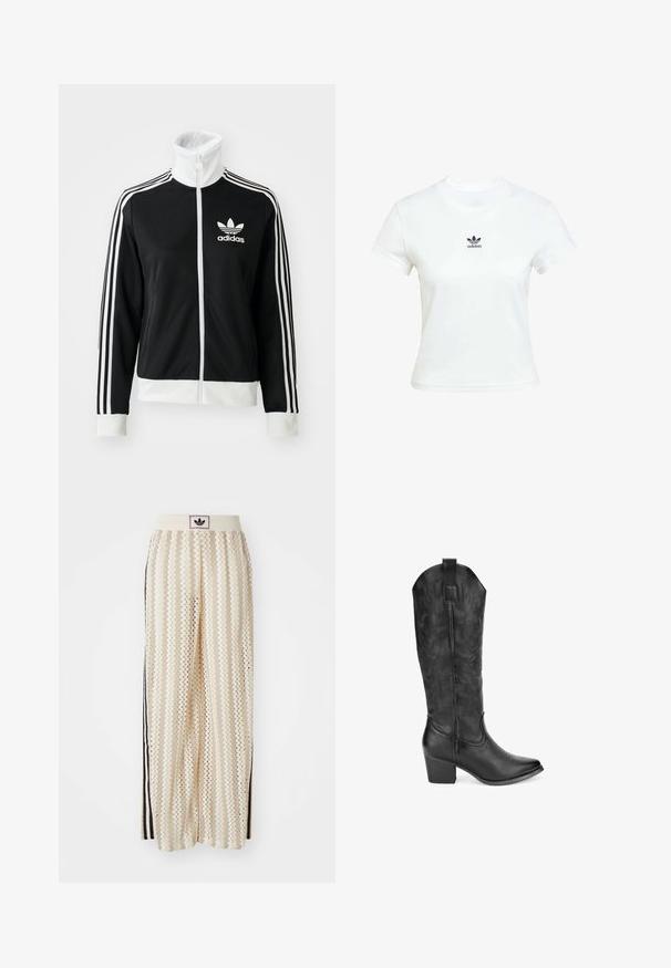 Veste zippée noire avec un col montant, logo Adidas blanc et trois bandes blanches sur les manches, fabriquée en tissu lisse et respirant.; T-shirt en coton blanc à manches courtes et encolure ras du cou. Présente un logo Adidas noir imprimé sur la poitrine. Design simple et minimaliste.; Pantalons larges crème avec un motif en zigzag, dotés d'une ceinture logo noire et de bandes noires sur les côtés. Tissu léger et texturé.; Bottine de cow-boy en cuir noir avec un embout pointu, un talon bloc de hauteur moyenne et un motif floral en relief sur la tige. Onglet de tirage vertical inclus.