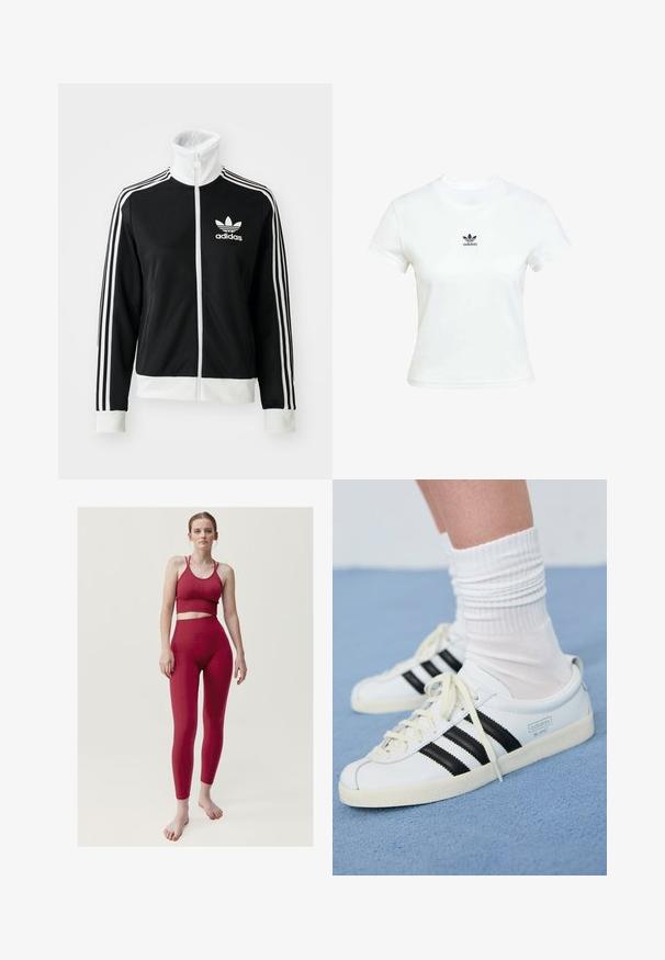 Crna zip-up jakna s visokim ovratnikom, bijelim Adidas logom i tri bijele pruge duž rukava, izrađena od glatkog, prozračnog materijala.; Bjela pamučna majica kratkih rukava s okruglim izrezom. Ima crni Adidas logo otisnut na prsima. Jednostavan, minimalistički dizajn.; Born Living Yoga INDIA - Tajice - burdeos; Bijele kožne tenisice s crnim prugama, kremasto bijela potplat i svijetle vezice. Nosi se s bijelim rebrastim čarapama, postavljeno na plavoj pozadini.