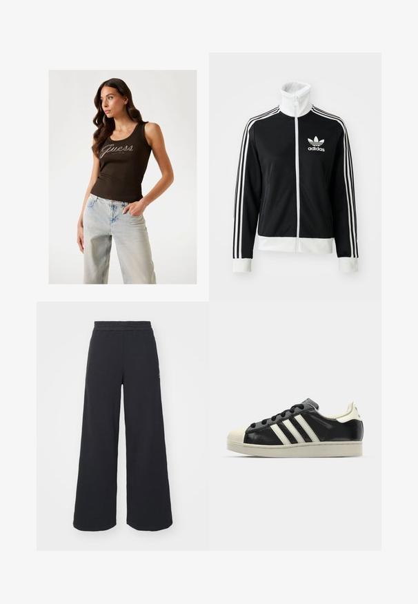 Melnā zipa jaka ar augstu apkakli, baltais Adidas logo un trīs baltas svītras gar piedurknēm, izgatavota no gludas, elpojošas auduma.; Brūns ribots topiņš ar "Guess" logo sudraba rotājumiem, kombinēts ar gaiši ziliem platajiem džinsiem.; Melni platās svārku bikses, izgatavotas no mīksta auduma, ar elastīgu jostas daļu un mazu logotipu kreisajā pusē.; Melna ādas sporta apava ar baltām svītrām, gumijas purngala aizsardzību, melnām auklām un krēma krāsas zoli. Gluda tekstūra ar spīdīgu apdari.