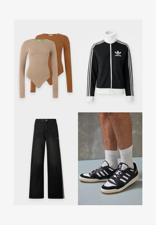 Black zip-up jacket with a high collar, white Adidas logo and three white stripes down the sleeves, made from smooth, breathable fabric.; Two long-sleeve fitted bodysuits with round necks, one beige and one brown, displayed overlapping on a white background.; Wide-leg black jeans with contrasting black side panels. Features a classic denim texture, silver button closure, and white accent stripes.; Black and white sneakers with a suede and leather upper, featuring three white stripes, a perforated toe, and a gum rubber sole.