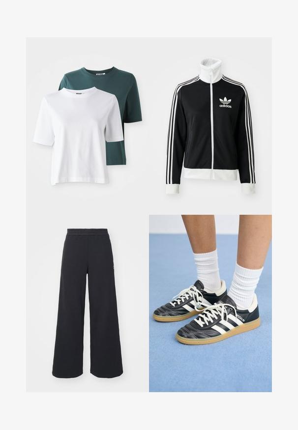 Čierna zipsová bunda s vysokým golierom, bielym logom Adidas a tromi bielymi pruhmi na rukávoch, vyrobená z hladkej, priedušnej tkaniny.; Dvoje tričiek s krátkym rukávom: jedny biele a jedny tmavo modrozelené. Obe majú okrúhly výstrih a jemnú bavlnenú textúru. Označenie značky viditeľné na krku.; Čierne širšie tepláky vyrobené z mäkkej látky, s elastickým pásom a malým logom na ľavej strane.; Čierne kožené tenisky s bielymi pruhmi, okrúhlou špičkou, bielymi šnúrkami a gumovou podrážkou. Vyzdvihujú ich vypchávkovaný golier a detaily s logom.