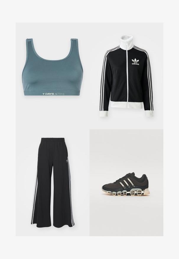 Black zip-up jacket with a high collar, white Adidas logo and three white stripes down the sleeves, made from smooth, breathable fabric.; Sport bra in dark teal, made of soft, stretchy fabric. Features a scoop neckline and elastic band with "7 DAYS ACTIVE" printed in light color.; Black wide-leg sweatpants with an elastic waistband, featuring white side stripes and an embroidered logo on the left thigh.; Black athletic shoe with a textured upper, three silver stripes, and a distinctive cushioning sole featuring multiple integrated sections.