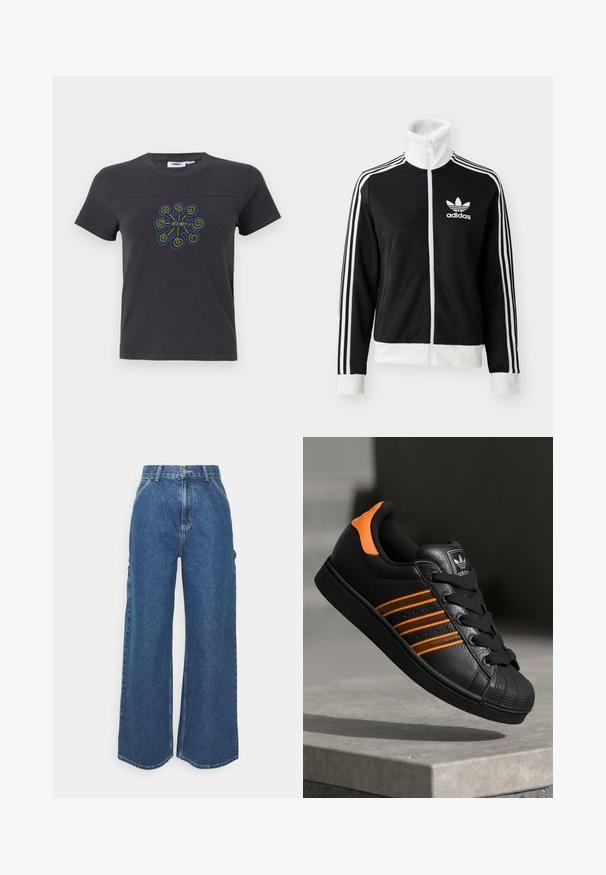Melnā zipa jaka ar augstu apkakli, baltais Adidas logo un trīs baltas svītras gar piedurknēm, izgatavota no gludas, elpojošas auduma.; Melna kokvilnas T-kreklā ar īsām piedurknēm, centrā ir košs spirālveida raksts un logo. Ar apaļu dekoltē, brīvā forma.; Platleņķa zili džinsi ar augstu jostasvietu, kontrastējošām šuvēm un sānu kabatām, ar klasisku piecu kabatu dizainu un neapstrādātiem malām.; Melnas kedas ar oranžiem akcentiem, trīs horizontālas svītras, teksturēts ādas augšdaļa, gumijas purngala daļa un melnas auklas.