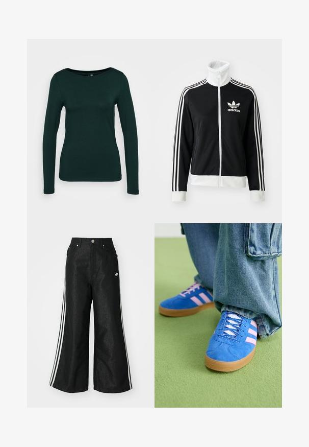 Črna majica z zadrgo in visokim ovratnikom, z belim logotipom Adidas in tremi belimi črtami po rokavih, izdelana iz gladkega, zračnega materiala.; Dolgi rokavi v temno zeleni barvi, izdelani iz mehkega blaga. Ima okroglo ovratnico in prilegajočo zasnovo brez šivov. Minimalističen stil.; Črne široke jeans hlače z dvema belima črtama na vsaki strani in majhnim belim logotipom. Imajo sprednje žepke in zapiranje na gumb.; Modri semiš čevlji z rožnatimi črtami in belimi vezalkami, z gumijastim podplatom, v kombinaciji z ohlapnimi jeans hlačami na zeleni površini.