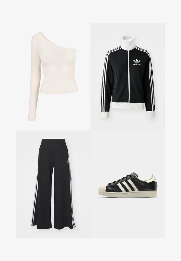 Black zip-up jacket with a high collar, white Adidas logo and three white stripes down the sleeves, made from smooth, breathable fabric.; Long-sleeve top in light beige with one shoulder cutout. Smooth, stretchy fabric; fitted design accentuates the silhouette. No patterns or embellishments.; Black wide-leg sweatpants with an elastic waistband, featuring white side stripes and an embroidered logo on the left thigh.; Black leather sneaker with white stripes, rubber toe cap, black laces, and a cream-colored outsole. Smooth texture with shiny finish.