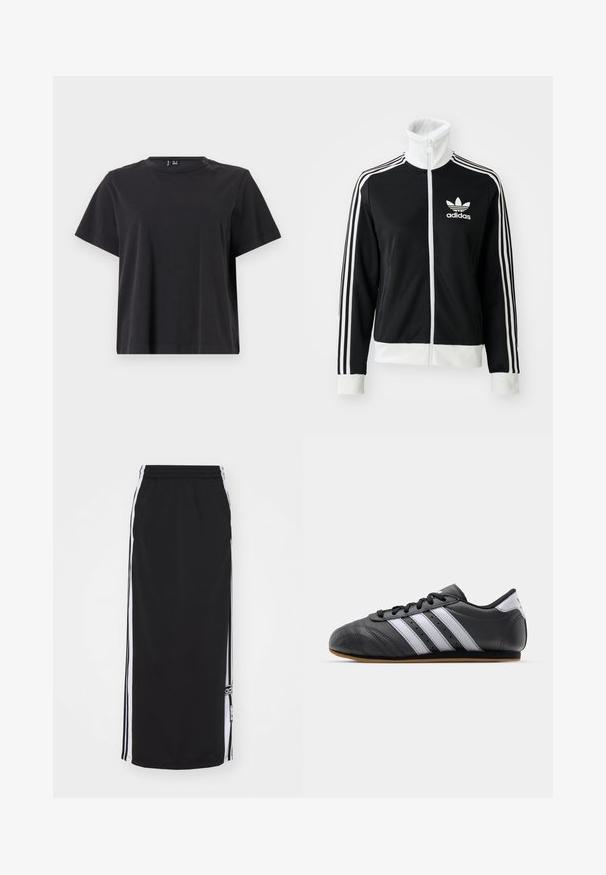 Sort zip-jakke med høj krave, hvid Adidas-logo og tre hvide striber ned ad ærmerne, lavet af glat, åndbart stof.; Sort kortærmet t-shirt med rund halsudskæring, lavet af blødt bomuldsstof; har en afslappet pasform og ensfarvet uden mønstre.; Sort sportskjorte med hvide sidestropper, elastisk talje og logodetalje. Fremstillet af åndbart stof, knælængde design.; Sorte lædersportssko med hvide striber, rund tå, flad sål og snørelukning. Har perforeringer for åndbarhed.