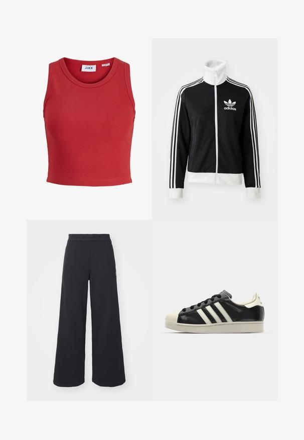 Black zip-up jacket with a high collar, white Adidas logo and three white stripes down the sleeves, made from smooth, breathable fabric.; Red ribbed sleeveless crop top with a round neckline and a stitched hem. Features a label tag inside the collar. Soft, textured fabric.; Black wide-leg sweatpants made from soft fabric, featuring an elastic waistband and a small logo on the left side.; Black leather sneaker with white stripes, rubber toe cap, black laces, and a cream-colored outsole. Smooth texture with shiny finish.