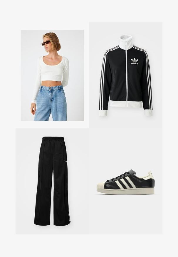 Sort zip-jakke med høj krave, hvid Adidas-logo og tre hvide striber ned ad ærmerne, lavet af glat, åndbart stof.; Hvid, riflet, langærmet crop top med bred bådudskæring, parret med højden jeans i lys blå denim.; Sorte brede træningsbukser med elastisk talje, prydet med hvide side-striber og et lille logo på venstre hofte. Glat stofstruktur.; Sort lædersneakers med hvide striber, gummitåkap, sorte snørebånd og en cremefarvet ydersål. Glat tekstur med blank overflade.