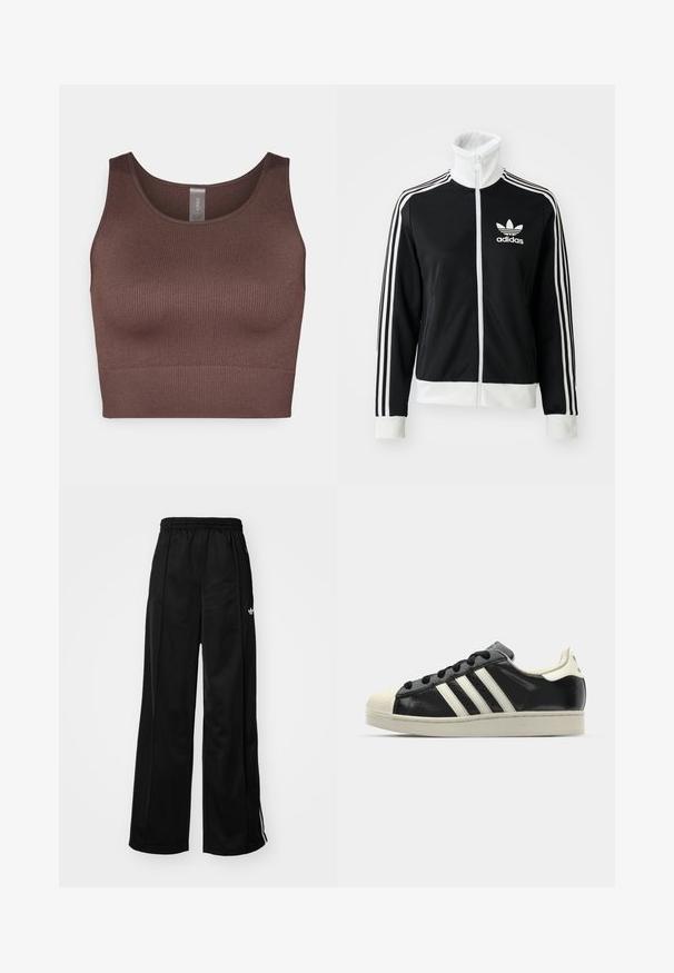 Črna majica z zadrgo in visokim ovratnikom, z belim logotipom Adidas in tremi belimi črtami po rokavih, izdelana iz gladkega, zračnega materiala.; Rjav rebrast crop top z okroglim izrezom in širokimi naramnicami. Narejen je iz raztegljive tkanine, z brezšivno zasnovo in gladko teksturo.; Črne široke trenirke z elastičnim pasom, ki imajo bele stranske črte in majhen logotip na levem boku. Gladka tekstura tkanine.; Črne usnjene superge z belimi črtami, gumijastim pokrovom za prste, črnimi vezalkami in kremasto obrobo podplata. Gladka tekstura z sijočim zaključkom.