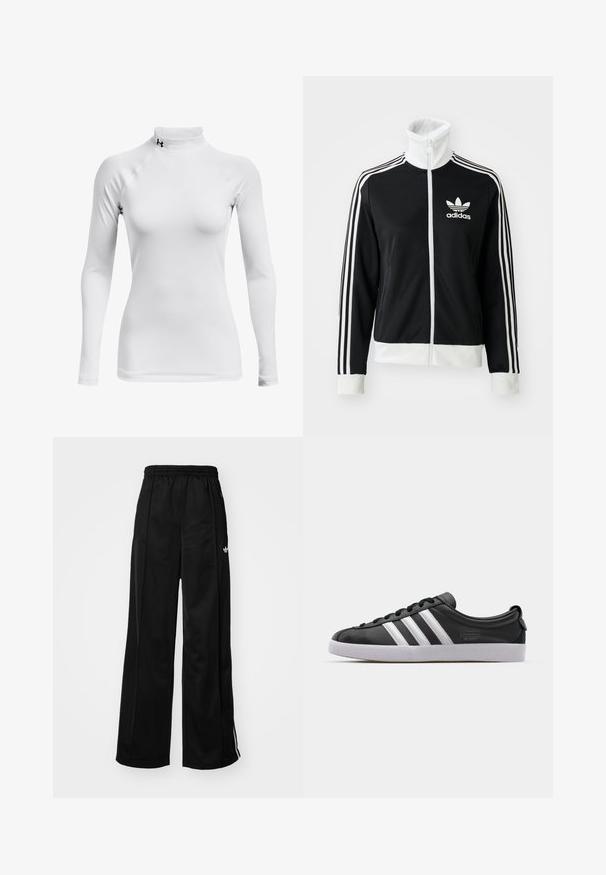 Zwarte zip-up jack met hoge kraag, wit Adidas-logo en drie witte strepen langs de mouwen, vervaardigd uit glad, ademend materiaal.; Wit sportshirt met lange mouwen en een hoge hals, gemaakt van soepel, rekbaar materiaal; heeft raglanmouwen en een klein zwart logo.; Zwarte wijde trainingsbroek met een elastische tailleband, voorzien van witte zijkanten en een klein logo op de linker heup. Stevige stoftextuur.; Zwarte lederen sneaker met een witte drie-strepen ontwerp, ronde neus, platte witte rubberen zool en merkdetail aan de zijkant.