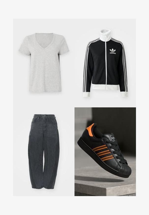 Czarna kurtka zapinana na zamek z wysokim kołnierzem, białym logo Adidasa i trzema białymi paskami na rękawach, wykonana z gładkiego, oddychającego materiału.; Szara koszulka z dekoltem w serek, wykonana z miękkiej bawełny, z krótkim rękawem i luźnym krojem, o gładkiej strukturze, bez wzorów i akcentów.; Luźne czarne dżinsy z wyblakłym wykończeniem, pięć kieszeni, zapięcie na guzik w pasie oraz szwy na przodzie i bokach.; Czarne sneakersy z pomarańczowymi akcentami, trzema poziomymi paseczkami, skórzaną cholewką o teksturowanej powierzchni, gumowym noskiem i czarnymi sznurówkami.