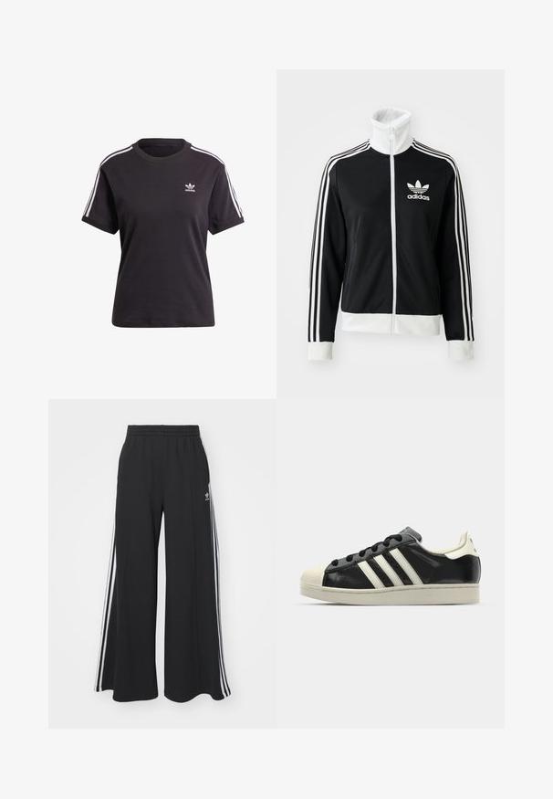Černá zipová bunda s vysokým límcem, bílým logem Adidas a třemi bílými pruhy po rukávech, vyrobená z hladké, prodyšné tkaniny.; Černé bavlněné tričko s krátkým rukávem a kulatým výstřihem, na ramenou s bílými pruhy a malým bílým logem Adidas na hrudi.; Černé pohodlné tepláky širokého střihu s elastickým pasem, na boční straně s bílými pruhy a vyšitým logem na levé stehně.; Černé kožené sneakers s bílými pruhy, gumovou špičkou, černými tkaničkami a krémovou podešví. Hladký povrch s lesklým finišem.