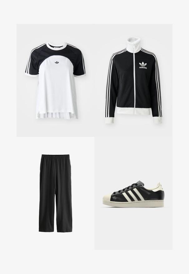 Juodas užtrauktukas džemperis su aukštu apykakle, baltu Adidas logo ir trimis baltais dryžiais ant rankovių, pagamintas iš lygios, kvėpuojančios medžiagos.; Trumpas rankovėmis marškinėliai su juoda viršutine dalimi ir balta kūno dalimi, turintys tris juostas ant pečių ir raukšlėtą apatinį kraštą. Adidas logotipas ant krūtinės.; Juodos, iki kelių siekiančios kelnės, pagamintos iš lengvos medžiagos. Elastinga juosmeninė juosta ir lygi tekstūra su tiesiomis kojomis. Nėra matomų detalių ar raštų.; Juodi odiniai sportiniai bateliai su baltais dryžiais, guminis toe kapas, juodi raišteliai ir kreminis padas. Lygus pavirčius su blizgiu finišu.
