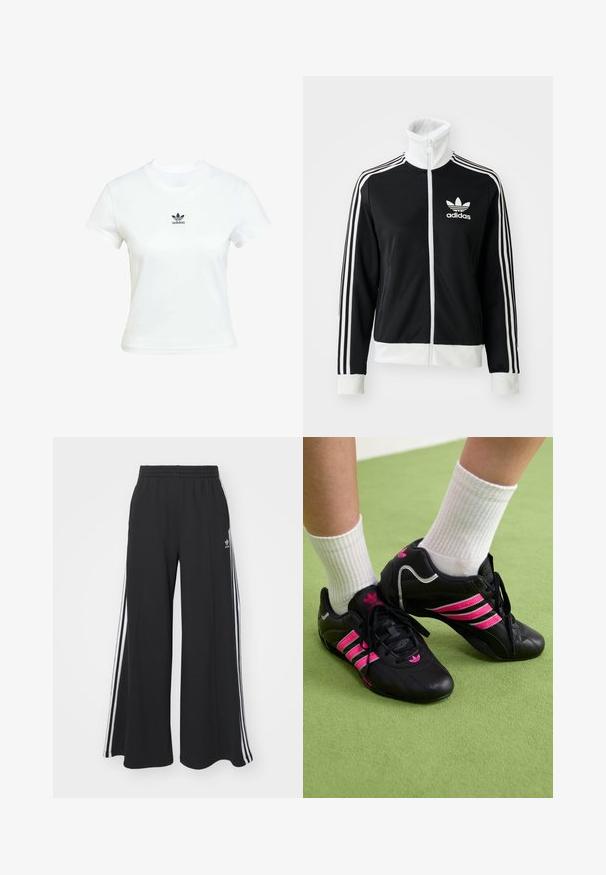 Črna majica z zadrgo in visokim ovratnikom, z belim logotipom Adidas in tremi belimi črtami po rokavih, izdelana iz gladkega, zračnega materiala.; Bela bombažna majica s kratkimi rokavi in okroglo ovratnikom. Na prsih je natisnjen črn logotip Adidas. Enostaven, minimalističen dizajn.; Črne široke trenirke z elastičnim pasom, ki imajo bele stranske proge in vezeno logo na levi stegna.; Črne atletske čevlje s tremi rožnatimi črkami, zgornji del iz teksturirane usnje, črne vezalke in podrobnost z logotipom, v kombinaciji z belimi rebrastimi nogavicami na zeleni površini.