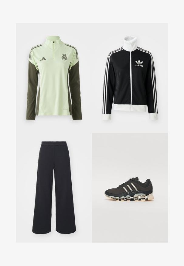 Černá zipová bunda s vysokým límcem, bílým logem Adidas a třemi bílými pruhy po rukávech, vyrobená z hladké, prodyšné tkaniny.; Světle zelené sportovní tričko s tmavě zelenými rukávy, čtvrtinovým zipem a bílými pruhy; má logo na hrudi a branding AeroReady.; Černé široké tepláky vyrobené z měkké tkaniny, s elastickým pasem a malým logem na levé straně.; Černá atletická bota s texturovaným svrškem, třemi stříbrnými pruhy a výraznou odpruženou podrážkou se spoustou integrovaných sekcí.