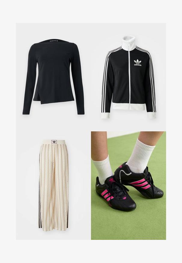 Jachetă neagră cu fermoar și guler înalt, logo Adidas alb și trei dungi albe pe mâneci, realizată dintr-un material neted și respirabil.; Top negru cu mâneci lungi, realizat dintr-un material neted, având un guler înalt și un tiv asimetric cu slituri laterale pentru un design modern.; Pantaloni largi de culoare crem, cu un model în zigzag, având un brâu cu logo negru și dungi laterale negre. Material ușor, texturat.; Pantofi sport negri cu trei dungi roz, superior din piele texturată, șireturi negre și detalii cu logo, asortați cu șosete albe cu dungi pe o suprafață verde.