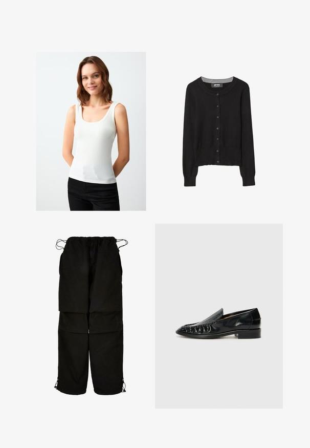 Czarny dzianinowy kardigan z okrągłym dekoltem, zapięciem na guziki z przodu, długimi rękawami i fakturowanym materiałem. Szary akcent wewnętrznego kołnierza.; Biały prążkowany t-shirt bez rękawów z okrągłym dekoltem, szerokimi ramiączkami i dopasowanym krojem. Wykonany z gładkiego materiału o delikatnej teksturze.; Czarne spodnie wykonane z lekkiego materiału, z regulowanym paskiem w talii i ściągaczami u dołu. Zaprojektowane w luźnym, oversize'owym kroju z wieloma kieszeniami.; Billi Bi - Mokasyny