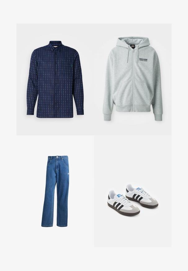 Sivi dukserica sa patentnim zatvaračem izrađena od mekanog materijala, s kengurulom džepom, podesivim kapuljačom na vezanje i logom "Dickies Workwear Company" na prsima.; Mornarica dugih rukava košulja s horizontalnim i vertikalnim prugastim uzorkom u različitim plavim nijansama. Sadrži ovratnik, prednju džep i kopčanje na dugmad.; Plave farmerke visokog struka sa širokim nogavicama, prednjim džepovima, petljama za remen, zatvaranjem na dugme i malim Adidas logotipom na desnom bedrima.; Sportske cipele s gornjištem od bijele kože, sivi suedinasti nos i tri crne pruge. Imaju plavi logo na jeziku i teksturiranu gumenu podlogu.