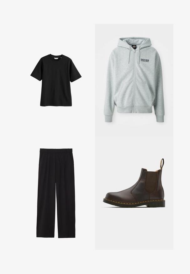 Grau zip-up Kapuzenpullover aus weichem Material, mit Kängurutasche, verstellbarem Kordelzug an der Kapuze und "Dickies Workwear Company"-Logo auf der Brust.; Schwarzes Baumwoll-T-Shirt mit kurzen Ärmeln, Rundhals-Ausschnitt und lockerer Passform. Glatte Textur, keine sichtbaren Muster oder Akzente.; Schwarze, weite Hose mit gefälteltem Vorderteil, seitlichen Taschen und einer glatten Stoffstruktur. Entworfen für eine entspannte Passform.; Braune Leder-Chelsea-Boots mit elastischen Seiteneinsätzen, strukturiertem Absatz und kontrastierender gelber Naht. Mit einer Ziehlasche für ein einfaches Anziehen.