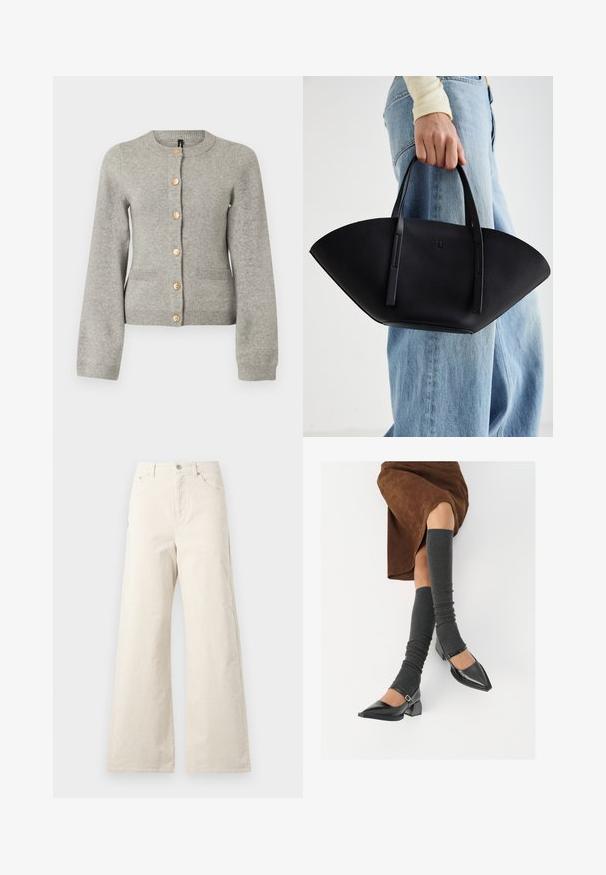 Hellgraue Strickjacke mit rundem Ausschnitt, langen Ärmeln und goldfarbenen Knöpfen auf der Vorderseite. Verfügt über zwei Taschen auf der Vorderseite.; Weißes Hemd mit Knöpfen, aus glattem Baumwollstoff, mit klassischem Kragen, langen Ärmeln und abgerundetem Saum. Die Knöpfe sind klein und weiß.; Beige weite Baumwollhose mit frontaler Knopfverschluss, Seitentaschen und glatter Textur. Minimalistisches Design ohne Muster.; Schwarze lacklederne spitze Schuhe mit Blockabsatz und Knöchelriemen, kombiniert mit grauen gerippten Beinstulpen und einem braunen Wildlederrock.; Schwarze Lederhandtasche mit einzigartiger Fächerform, ausgestattet mit flachen Griffen. Die Oberfläche hat eine genoppte Textur und ein minimalistisches Design.