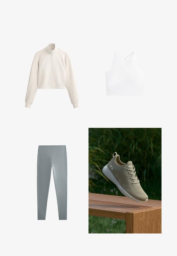 Világos bézs színű, rövidített kabát magas gallérral, elülső cipzárral és bordázott textúrával. Raglánujjakkal és oldalsó zsebekkel rendelkezik.; Fehér sportos crop top, magas nyakkivágással és dupla keresztpánttal a háton, sima, rugalmas anyagból készült.; Szürke leggings sima, rugalmas anyagból, magas derékkal és illeszkedő szabással, a kényelem és a mozgás könnyedsége érdekében tervezve.; Beige sportcipő texturált felsőrésszel, fűzőkkel és támogató sarkú tabbal, egy fa felületen nyugszik, zöld növényzet előtt.