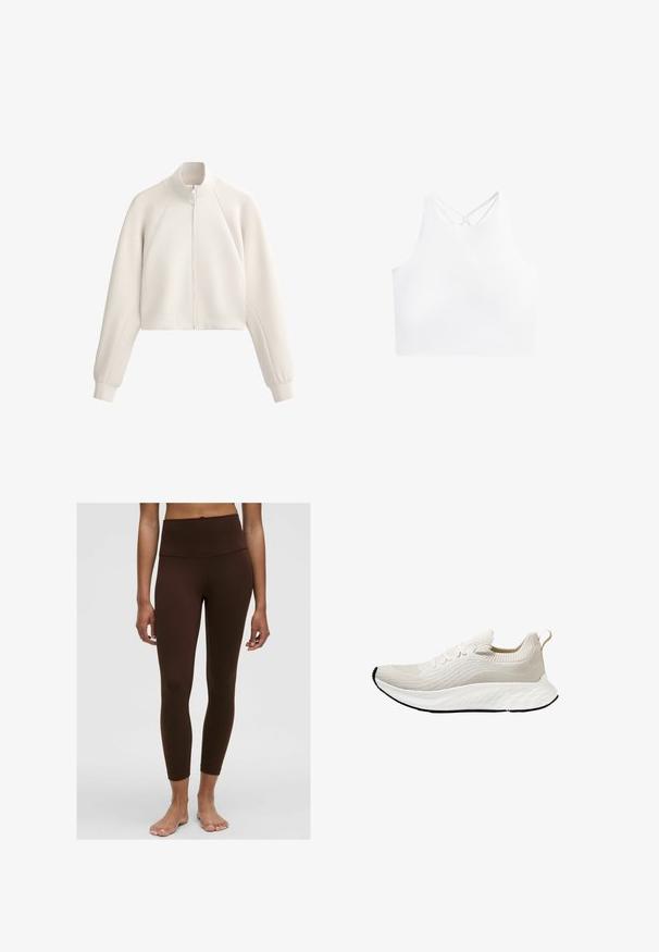 Lys beige cropped jakke med høj krave, frontlynlås og ribbet tekstur. Har raglanærmer og sidelommer.; Hvid atletisk crop top med høj halsudskæring og dobbelt krydset stropper på ryggen, der har en glat, strækbar stoftekstur.; Brune højtaljede leggings med en glat overflade, tætsiddende design og ankellang kant. Ingen synlige mønstre eller hardware-detaljer.; Sko til sport i skyhvid med en struktureret strikoverdel og fleksibel sål, udstyret med dekorative snørebånd og en løkke bagpå.