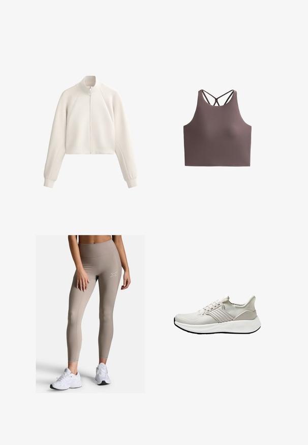 Světle béžová zkrácená bunda s vysokým límcem, předním zipem a žebrovanou texturou. Obsahuje raglánové rukávy a boční kapsy.; Hnědá sportovní podprsenka s vysokým výstřihem a křížovými popruhy na zadní straně. Vyrobena z hladkého, pružného materiálu, nabízí těsný střih.; Béžové legíny s vysokým pasem a žebrovaným pasem, hladkou texturou a jemnými švy. Kombinované s bílými sportovními botami.; Lehké sportovní boty v béžovém síťovaném materiálu s texturovaným povrchem, vybavené bílou podešví a tónovými bočními detaily. Jednoduchý design na šněrování.