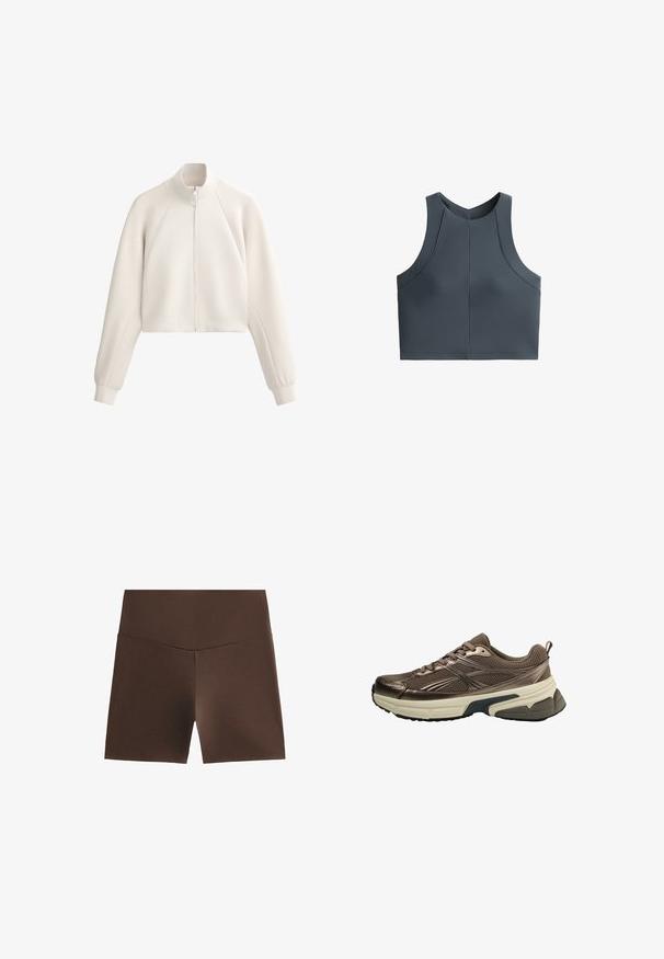 Light beige cropped jacket with a high collar, front zip, and ribbed texture. Features raglan sleeves and side pockets.; Gray cropped top with a ribbed texture, sleeveless design, and rounded neckline, featuring seam accents for structured fit.; Brown athletic shorts with a high waistband, made from stretchy material, featuring a smooth texture and simple design without patterns.; Brown athletic shoe with mesh upper, metallic accents, thick white midsole, and textured black sole. Features laces and a pull tab.