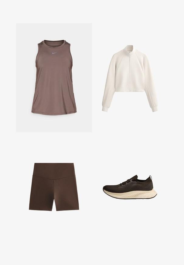 Svijetlosmeđi skraćeni kaput s visokim ovratnikom, prednjim patentnim zatvaračem i rebrastom teksturom. Ima raglan rukave i bočne džepove.; Nike Performance ONE CLASSIC TANK - Top - ironstone/black; Smeđe atletske kratke hlače s visokim pojasom, izrađene od rastezljivog materijala, s glatkom teksturom i jednostavnim dizajnom bez uzoraka.; Smešane sportske cipele smeđe boje s teksturiranim gornjim dijelom, aerodinamičnim oblikom i bijelim đonom. Imaju vezice i petni trak.