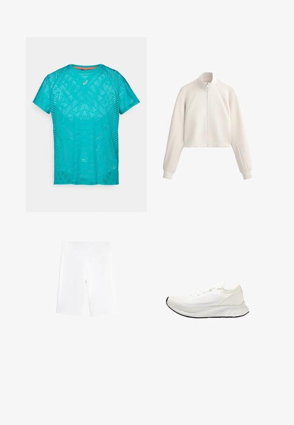Jasno beżowa kurtka typu cropped z wysokim kołnierzem, zamkiem z przodu oraz żebrową teksturą. Posiada rękawy raglanowe i boczne kieszenie.; Turkusowa koszulka sportowa z oddychającym, perforowanym wzorem, krótkimi rękawami i okrągłym dekoltem z delikatnym detalem logo.; Białe szorty rowerowe wykonane z elastycznej tkaniny, z elastycznym pasem w talii i gładkim, bezszwowym wzornictwem. Długość do połowy uda.; Białe buty do biegania z siateczkową cholewką, lekką konstrukcją, gładką zaokrągloną podeszwą i czarną gumową podeszwą. Posiada płaskie sznurówki i minimalne akcenty.