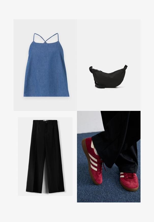 Svetlo modra skrajšana jopica iz mehkega pletenega materiala z zaobljenim izrezom, zapiranjem na gumb in balonskimi rokavi z rebrastimi manšetami.; Denim brezrokavni zgornji del v temno modri barvi. Ima tanke naramnice, ohlapen kroj in raven rob. Gladka tekstura z rahlim sijajem.; Črne široke hlače iz lahkega materiala, z zapiranjem na gumb spredaj in ravnim sprednjim delom, s skrbno zašiti robovi.; Rdeče semiš superge z belimi črtami, zavezovanje in strukturiran rjav gumijast podplat. Nosi se z črnimi hlačami, na modrem preprogi.; Črna tkaninska torba čez ramo s kružno obliko, z zadrgo, nastavljivim trakom in majhnim stranskim žepom za dodatno shranjevanje.