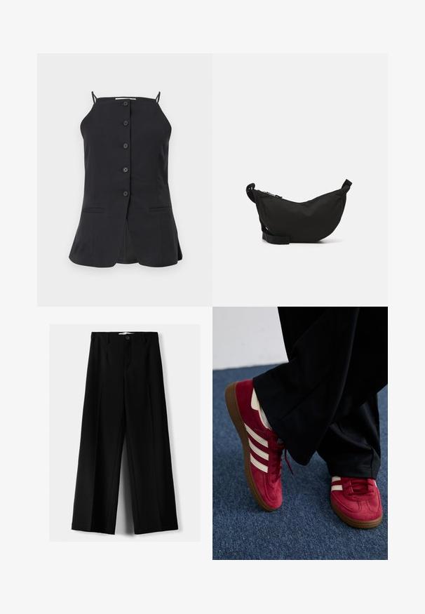 Cardigan scurt de culoare albastru deschis, din material moale tricotat, cu decolteu rotund, închidere cu nasturi și mâneci ballon cu manșete cu dantelă.; Top negru fără mâneci, cu croială dreaptă, având șase butoane frontale, două buzunare laterale și o fanta în spate. Textură de țesătură netedă.; Pantaloni negri cu picior larg, fabricați dintr-un material ușor, cu închidere frontală cu nasture și față plată, având tivuri cusute cu atenție.; Adidași din suede roșu cu dungi albe, design cu șireturi și talpă din cauciuc texturat maro. Purtați cu pantaloni negri, pe un covor albastru.; Geantă crossbody din fibră neagră, cu o formă curbată, închidere cu fermoar, curea ajustabilă și un mic buzunar lateral pentru depozitare suplimentară.