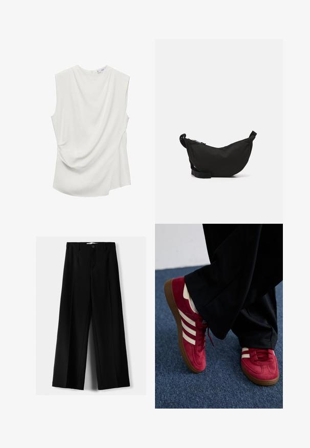 Lichtblauwe cropped cardigan van zacht breimateriaal met ronde halslijn, knoopsluiting en ballonmouwen met geribbelde manchetten.; Witte mouwloze top van soepel materiaal, met gedrapeerde details aan de voorkant en een gebogen zoom aan de achterkant.; Zwarte wijde broek van lichtgewicht stof, met een knoopsluiting aan de voorkant en een vlakke achterkant, afgewerkt met keurig gestikte zoom.; Rode suède sneaker met witte strepen, vetersluiting en een gestructureerde bruine rubberen zool. Gecombineerd met zwarte broek, tegen een blauwe vloerbedekking.; Zwarte stoffen schoudertas met een gebogen vorm, ritssluiting, verstelbare schouderband en een klein zijvak voor extra opbergruimte.