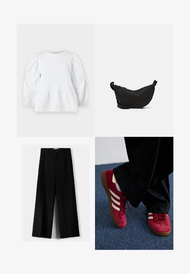 Cardigan corto azzurro chiaro in morbido materiale a maglia con scollatura rotonda, chiusura a bottoni e maniche a palloncino con polsini a costine.; Blusa bianca con scollo rotondo, maniche lunghe a sbuffo e orlo a strati con volant. Realizzata in tessuto liscio senza motivi visibili o metalleria.; Pantaloni neri a gamba larga realizzati in tessuto leggero, caratterizzati da una chiusura frontale con bottone e frontale piatto, con orli cuciti con precisione.; Sneaker in suede rosso con strisce bianche, design con lacci e suola in gomma marrone testurizzata. Indossato con pantaloni neri, su un tappeto blu.; Borsa a tracolla nera in tessuto, con forma curva, chiusura con zip, tracolla regolabile e una piccola tasca laterale per ulteriore spazio di archiviazione.