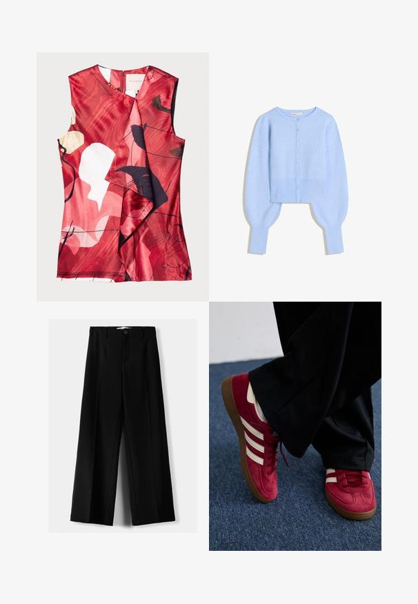 Jasnoniebieski krótki kardigan z miękkiego dzianiny, z okrągłym dekoltem, zapięciem na guziki oraz balonowymi rękawami z prążkowanymi mankietami.; Czerwony satynowy top z abstrakcyjnymi wzorami kwiatowymi w czerni i kremie. Posiada fason kopertowy oraz bezrękawowy krój, z zapięciem na zamek błyskawiczny z tyłu.; Czarne spodnie szerokie, wykonane z lekkiego materiału, z zapięciem na guzik z przodu i gładkim przodem, z starannie wykończonymi brzegami.; Czerwone zamszowe tenisky z białymi paskami, z zapięciem na sznurówki i teksturowaną brązową gumową podeszwą. Noszone z czarnymi spodniami, na tle niebieskiego dywanu.