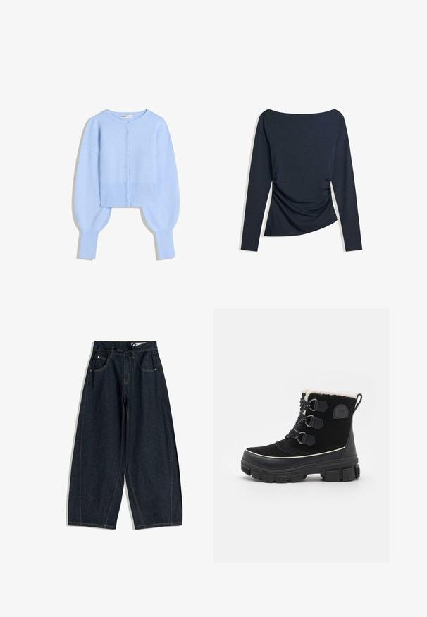 Lichtblauwe cropped cardigan van zacht breimateriaal met ronde halslijn, knoopsluiting en ballonmouwen met geribbelde manchetten.; Marineblauw top met lange mouwen, bootnek en ruches aan de zijkant, plat gelegd op een witte achtergrond.; Donkerdenim wijde broek met een trekkoord in de taille, vijf zakken en contrasterende stiksels. Gladde textuur en een losvallend ontwerp.; Zwarte waterdichte laarzen met een bovenwerk van suède, gevoerd met nepbont, een vetersysteem met drie oogjes, een dikke rubberen zool en contrasterende witte afwerking.