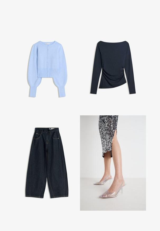 Svetlomodrá skrátená cardigan v mäkkom pletenom materiáli s okrúhlym výstrihom, zapínaním na gombíky a balónovými rukávmi s rebrovanými manžetami.; Námornícky modrý top s dlhým rukávom a lodičkovým výstrihom, so skladaním na boku, položený na bielom pozadí.; Tmavé džínsy s širokými nohavicami, stiahnutým pásom, piatimi vreckami a kontrastným prešívaním. Hladká textúra a voľný strih.; Žena v strieborných sieťovaných sandáloch na podpätku so štýlovými cvočkami, oblečená v čiernych a strieborných potiahnutých šatách so sukňou s bočným rozparkom, stojí na bielom podlahe.