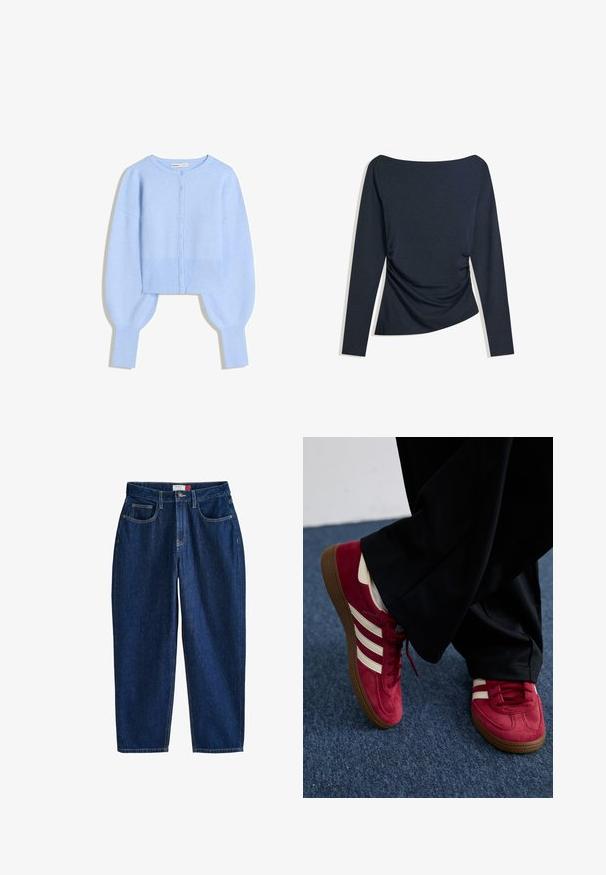 Světle modrý zkrácený kardigan z měkkého pleteného materiálu s kulatým výstřihem, zapínáním na knoflíky a balónovými rukávy s žebrovanými manžetami.; Námorně modrý dlouhý rukáv top s lodním výstřihem a řaseným detailem na boku, poloskládaný na bílé pozadí.; Tmavě modré džíny z denimu se rovnými nohavicemi, pěti kapsami a viditelnými švy. Zapínání na knoflík v pase.; Červené nubukové tenisky s bílými pruhy, šněrovací design a textura hnědé gumové podrážky. Noseny s černými kalhotami na modrém koberci.