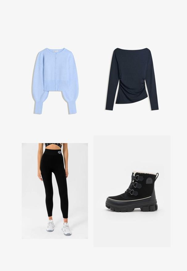 Lichtblauwe cropped cardigan van zacht breimateriaal met ronde halslijn, knoopsluiting en ballonmouwen met geribbelde manchetten.; Marineblauw top met lange mouwen, bootnek en ruches aan de zijkant, plat gelegd op een witte achtergrond.; Zwarte geribde leggings met een hoge tailleband met een logo, gecombineerd met witte sneakers, die een strakke pasvorm en zachte textuur tonen.; Zwarte waterdichte laarzen met een bovenwerk van suède, gevoerd met nepbont, een vetersysteem met drie oogjes, een dikke rubberen zool en contrasterende witte afwerking.