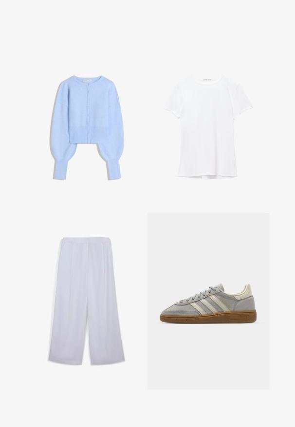 Cardigan corto azzurro chiaro in morbido materiale a maglia con scollatura rotonda, chiusura a bottoni e maniche a palloncino con polsini a costine.; T-shirt bianco a maniche corte realizzato in tessuto liscio, caratterizzato da un colletto rotondo e dettagli di cucitura discreti all'orlo.; Pantaloni larghi grigio chiaro caratterizzati da una texture liscia, due tasche anteriori e un design frontale piatto con una finitura sartoriale.; Sneakers in suede grigio con strisce in pelle grigia chiara e suola in gomma color gomma. Le caratteristiche includono chiusura con lacci e branding sottile sulla linguetta.