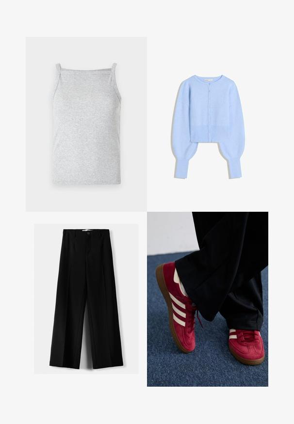 Ljusblå kort ärmad cardigan i mjukt stickat material med rundad halsringning, knappstängning och ballongärmar med ribbade manschetter.; Grå ribbad linne med tunna axelband och en figurnära design, som har en mjuk textur och sömlösa kanter för komfort.; Svarta vida byxor i lätt material, med knappstängning fram och platt front, samt väl sydda fållar.; Röda mockasko med vita ränder, snörningsdesign och en strukturerad brun gummisula. Bärs med svarta byxor, mot en blå matta.