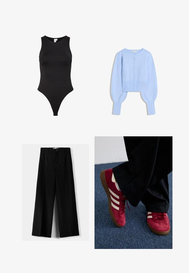 Lyseblå cropped cardigan i blød strik med rund halsudskæring, knaplukning og ballonærmer med ribbede manchetter.; Sort ærmeløs bodysuit med høj halsudskæring, lavet af glat stof. Har en thong-cut for minimal dækning bagpå.; Sorte brede bukser lavet af letvægtsstof, med frontknaplukning og glat front, samt pænt syede kanter.; Røde ruskinds sneakers med hvide striber, snørebåndsdesign og tekstureret brun gummisål. Båret med sorte bukser, sat mod blå tæppe.