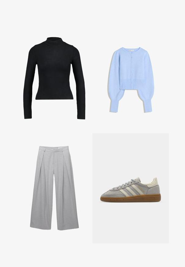 Lyseblå cropped cardigan i blød strik med rund halsudskæring, knaplukning og ballonærmer med ribbede manchetter.; Sort langærmet turtleneck top lavet af ribbet stof, med en tætsiddende design og slank silhuet. Ingen mønstre eller detaljer.; Lys grå vidde bukser, lavet af tekstureret stof, med frontfald, bæltestropper og en skrædderlavet talje. Ingen synlige lukninger.; Grå suedet sko med lysegrå læderstriber og en gummigummisole. Funktioner inkluderer snørebåndslukning og subtil branding på tungen.