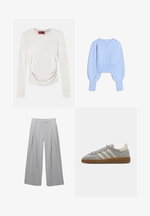 Világoskék, rövid fazonú kardigán puha kötött anyagból, lekerekített nyakkal, gombos záródással és ballon ujjakkal, bordázott mandzsettával.; Hosszú ujjú krémszínű topp, redős oldalakkal és ujjal, kerek nyakkivágással, piros címkével a gallér belsejében.; Világosszürke, bő szárú nadrág, texturált anyagból készült, elöl pliszírozott, övhurkokkal és fazonbetétes derékkal. Nincs látható záródás.; Szürke velúr sportcipők világosszürke bőr csíkkal és gumi talppal. Jellemzői közé tartozik a fűzős záródás és a diszkrét logó a nyelvén.